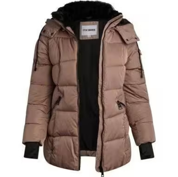Steve Madden Jackets & Blazers - Steve Madden Faux-Fur-Lined Hooded Puffer Coat Tan With Black Size Large